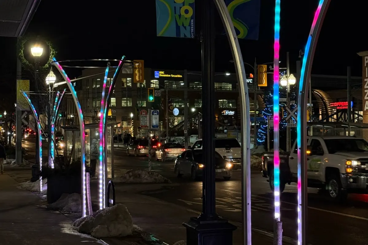 Waterloo King Street Lights illuminated in pink and blue for Rare Disease Day