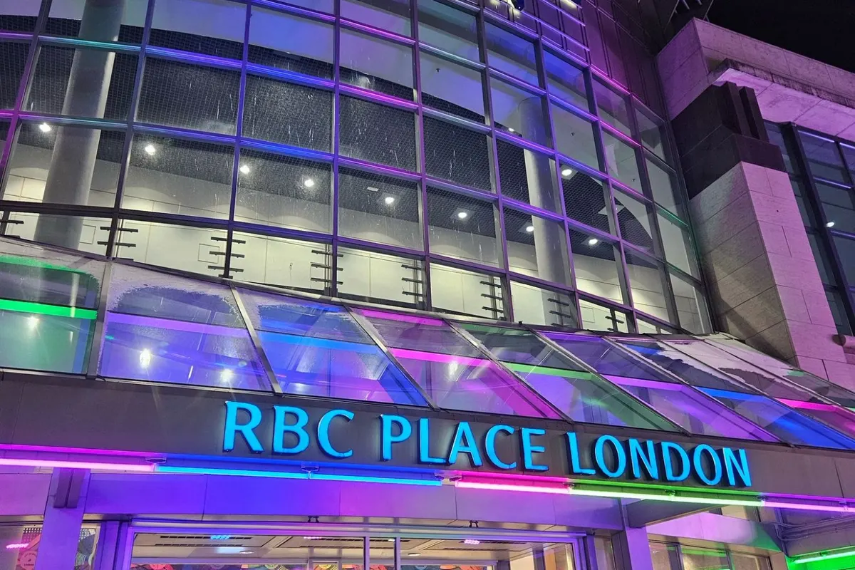 RBC Place London illuminated in purple and blue for Rare Disease Day